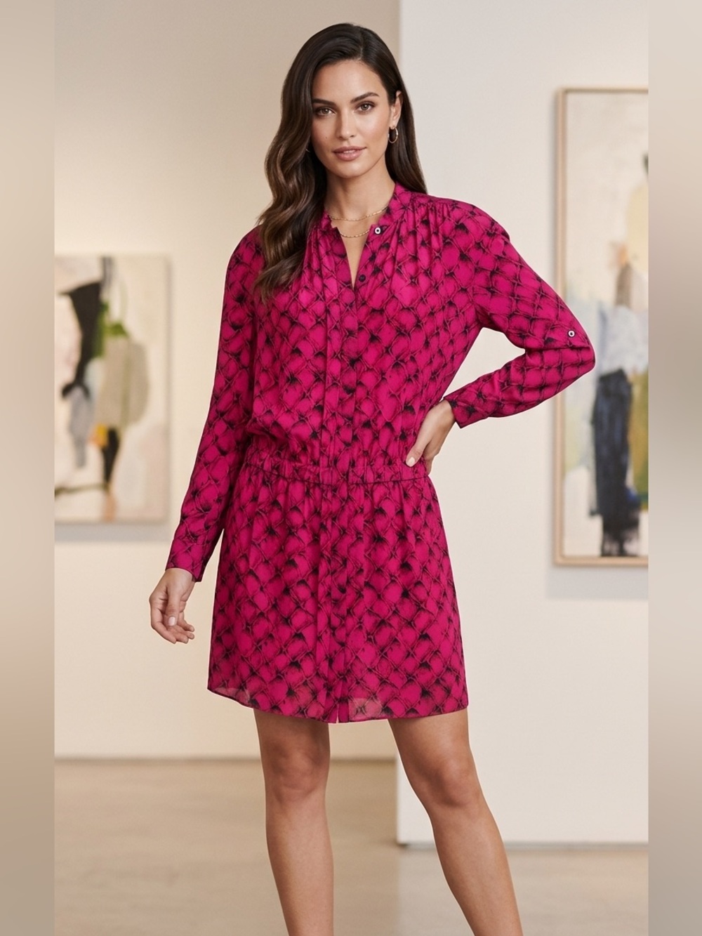 Diane Von Furstenberg Fuchsia Printed Long-Sleeve Shirt Dress with Elastic Waist